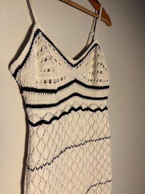 Cream Crochet Spaghetti Strap Dress with Black Accents Size XS/S Midi Length EUC
